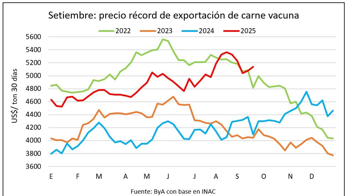Precios de los novillos y de la tonelada de carne vacuna exportada tuvieron el mejor setiembre de la historia